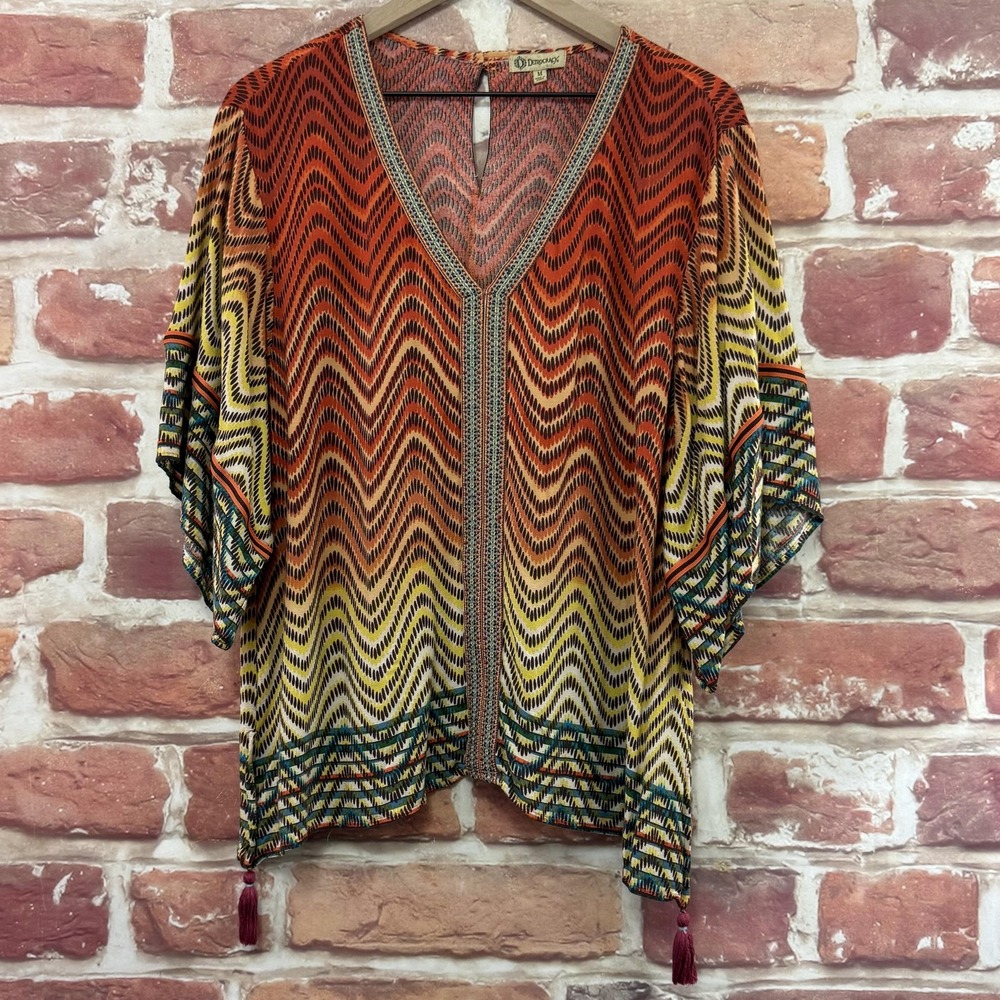 Democracy Top Womens M Multicolor Boho Striped Abstract Embroidered Casual Shirt